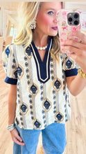 Off White and Navy Embroidered Top