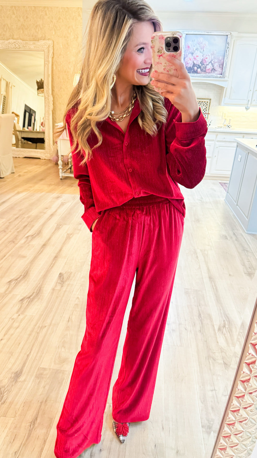 Red Velvet Button Up Pant Set