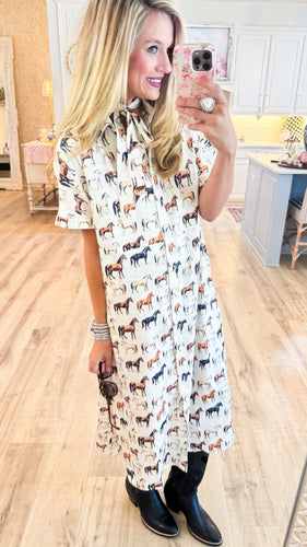 Cream Horse Print Midi Dress
