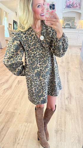 Leopard Oversized Collar Puff Sleeve Dress