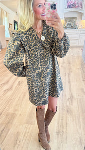 Leopard Oversized Collar Puff Sleeve Dress