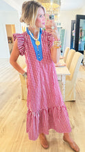 Red Gingham Flutter Sleeve Midi Dress