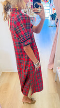 Red Tartan Plaid Puff Sleeve Midi Dress