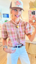 Camel and Pink Plaid Scallop Hem Cardigan