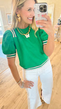 Green Textured Knit Puff Sleeve Top