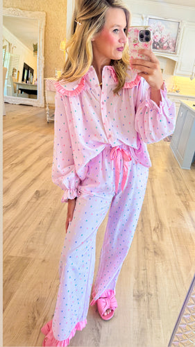 Pink Swiss Dot Striped Pajama Set