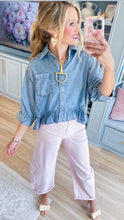 Denim Ruffle Hem Button Up Top