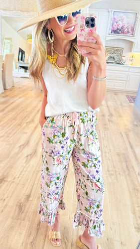 Pale Rose Floral Ruffle Bottom Pants