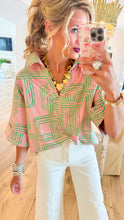 Pink and Green Abstract Print Half Sleeve Top