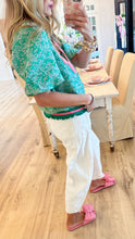 Green Jacquard Bubble Sleeve Top