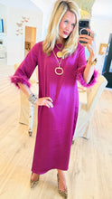 Plum Satin Feather Trim Midi Dress