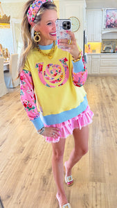Kentucky Derby Yellow Color Block Floral Sweatshirt