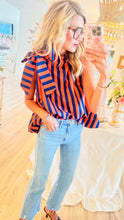 Navy and Orange Stripe Ruffle Neck Top