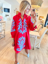 Tomato Red and Blue Contrast Printed Dress