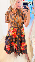 Chocolate Stripe Floral Mix Puff Sleeve Dress