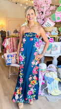 Navy Floral Detailed Strapless Dress