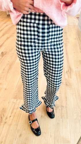 Black Gingham Straight Leg Ruffle Hem Pants