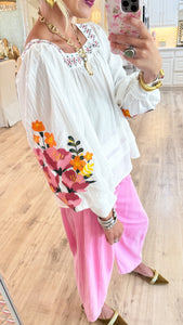 White Embroidered Floral Square Neck Top