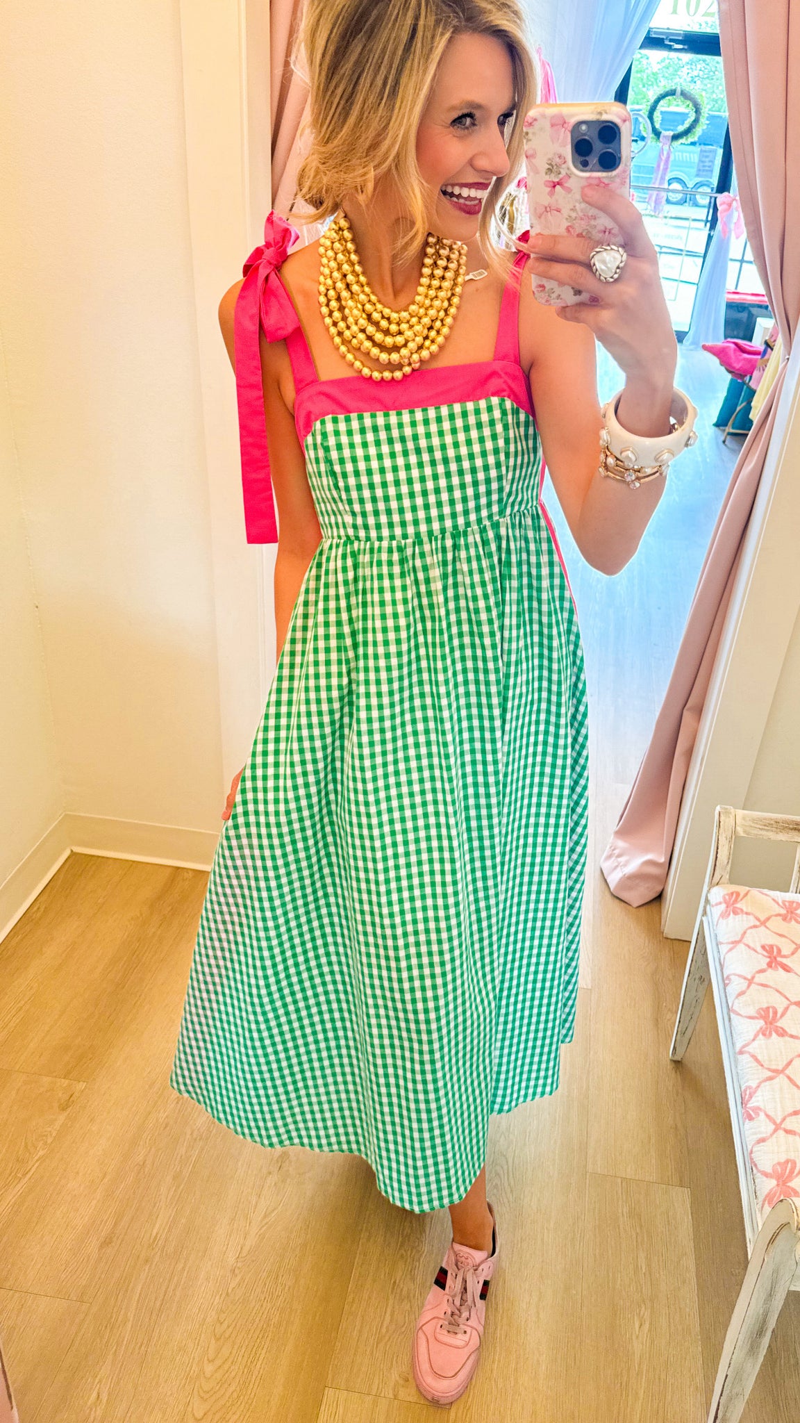 Green Gingham Sleeveless Midi Dress