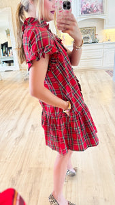 Red Plaid Frilled Neck Mini Dress