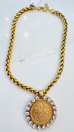 Gold Rhinestone Horse Coin Necklace