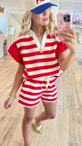 Red and Cream Stripe Short Set