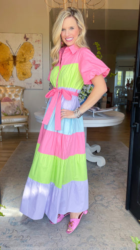 Pink Multi Belted Colorblock Maxi Dress