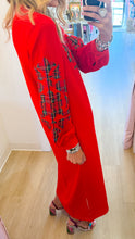 Red Plaid Baroque Applique Midi Dress