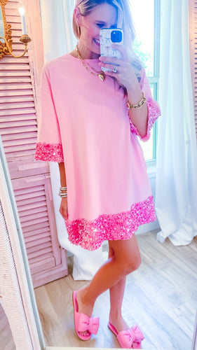Pink Sequin Banded Jersey Dress