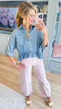 Denim Ruffle Hem Button Up Top