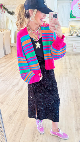 Pink Multi Color Stripe Knit Cardigan