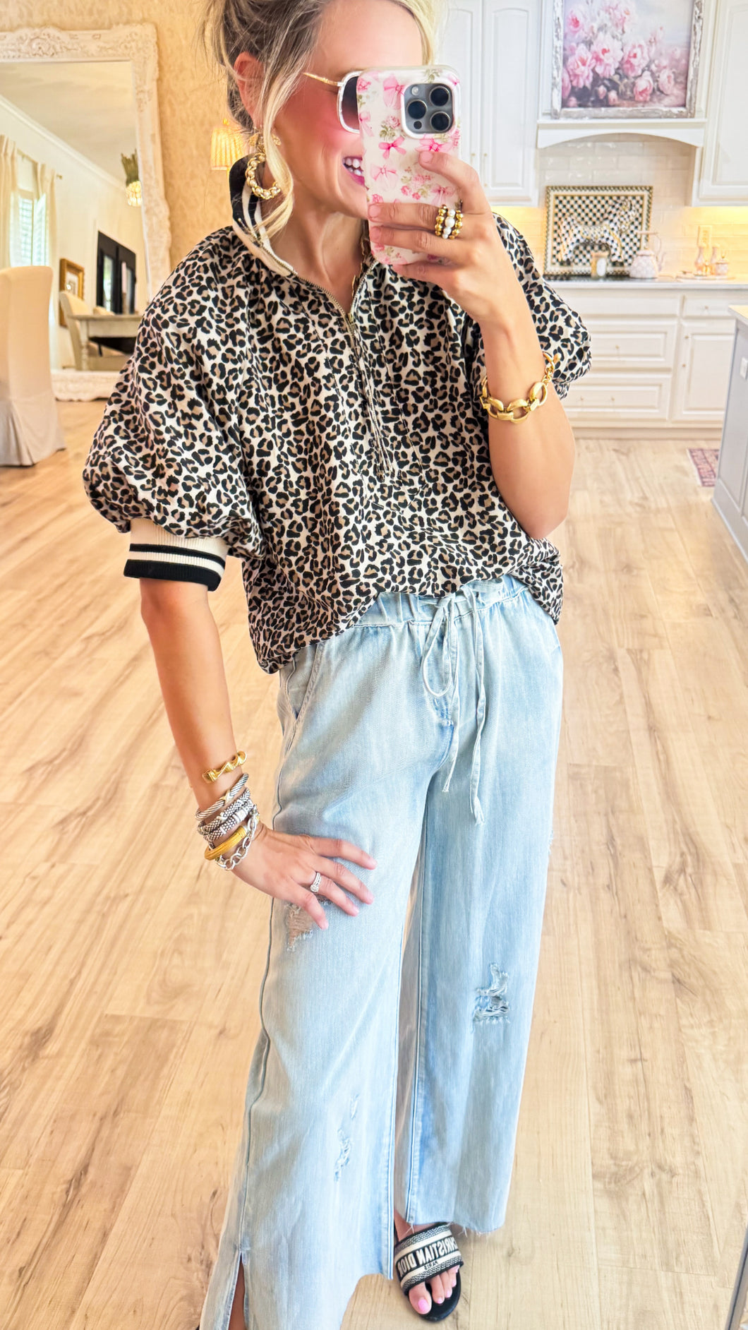 Taupe Leopard Print Half Zip Top