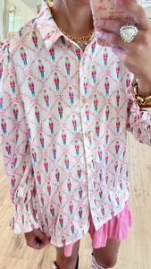 Pink Nutcracker Long Sleeve Button Up Top