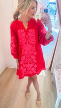 Red and Neon Pink Floral Embroidered Dress