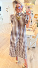 Brown Gingham Ruffle Neck Midi Dress