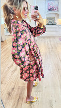 Pink and Navy Balloon Sleeves Floral Babydoll Dress