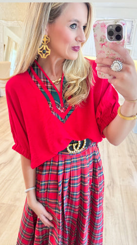 Red Plaid Contrast Dolman Sleeve Blouse