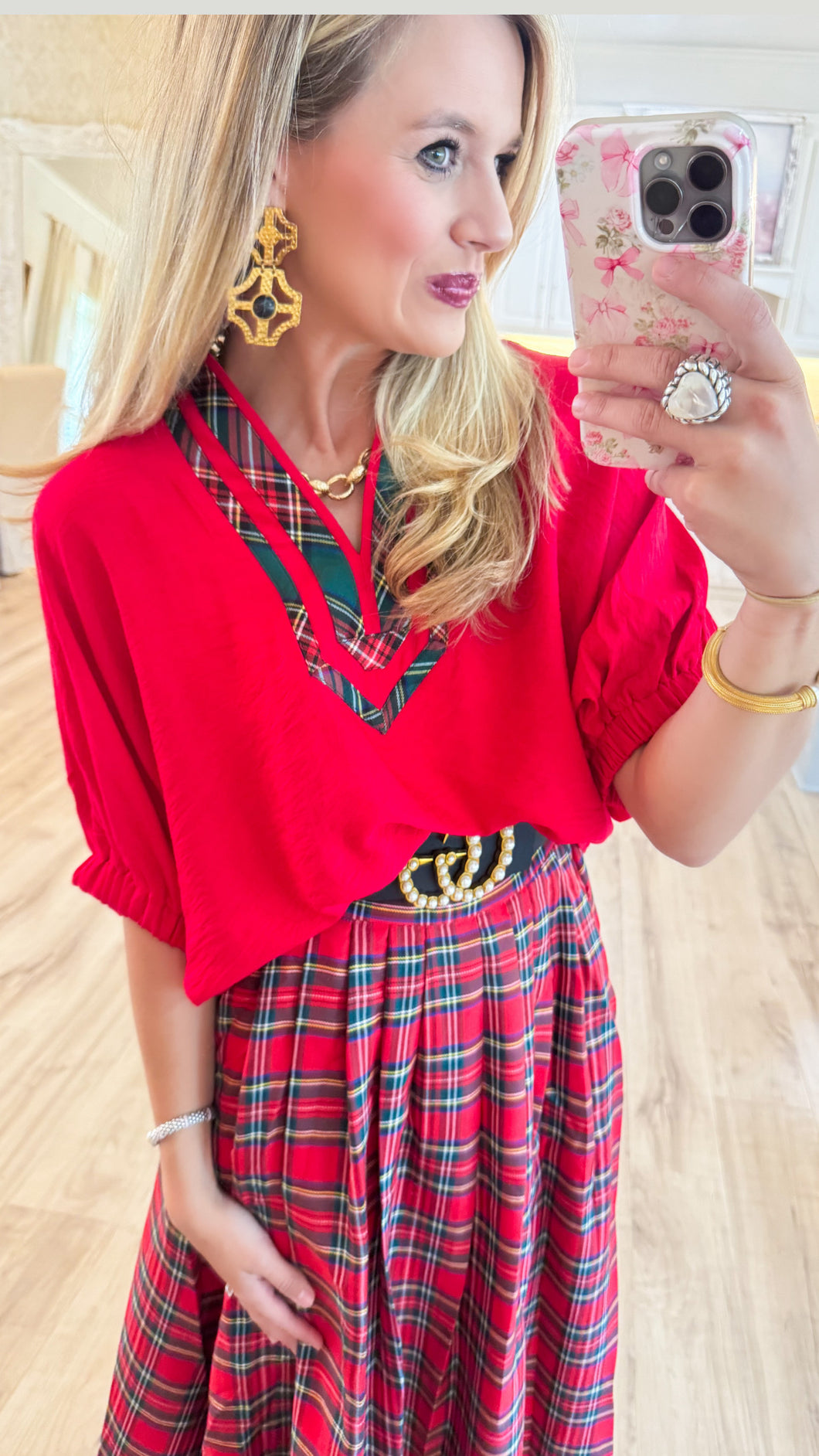 Red Plaid Contrast Dolman Sleeve Blouse