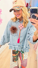 Light Wash Denim Ruffle Hem Top