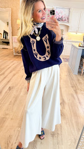 Navy Western Horseshoe Cactus Knit Sweater
