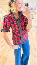 Red Plaid Puff Sleeve Ruffle Trim Blouse