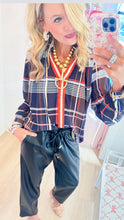 THML Navy Plaid Long Sleeve Top