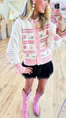 Ivory and Pink Ruffle Sleeve Cardigan