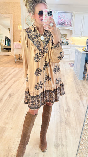 Khaki Border Printed Challis Shirt Dress