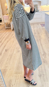 Black and Ivory Striped Knit Oversized Long Dress