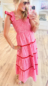 Pink and Red Printed Midi Dress