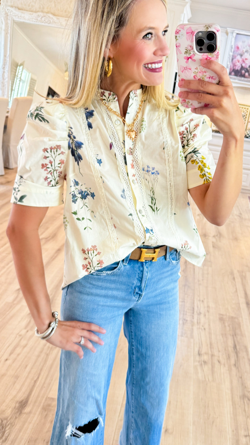 Cream Floral Print Lace Trim Top