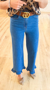 Denim Solid Ruffle Hem Pants