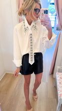 White Rhinestone Collar and Tie Button Up Top