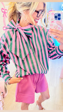 Green Stripe Bow Neck Long Sleeve Top